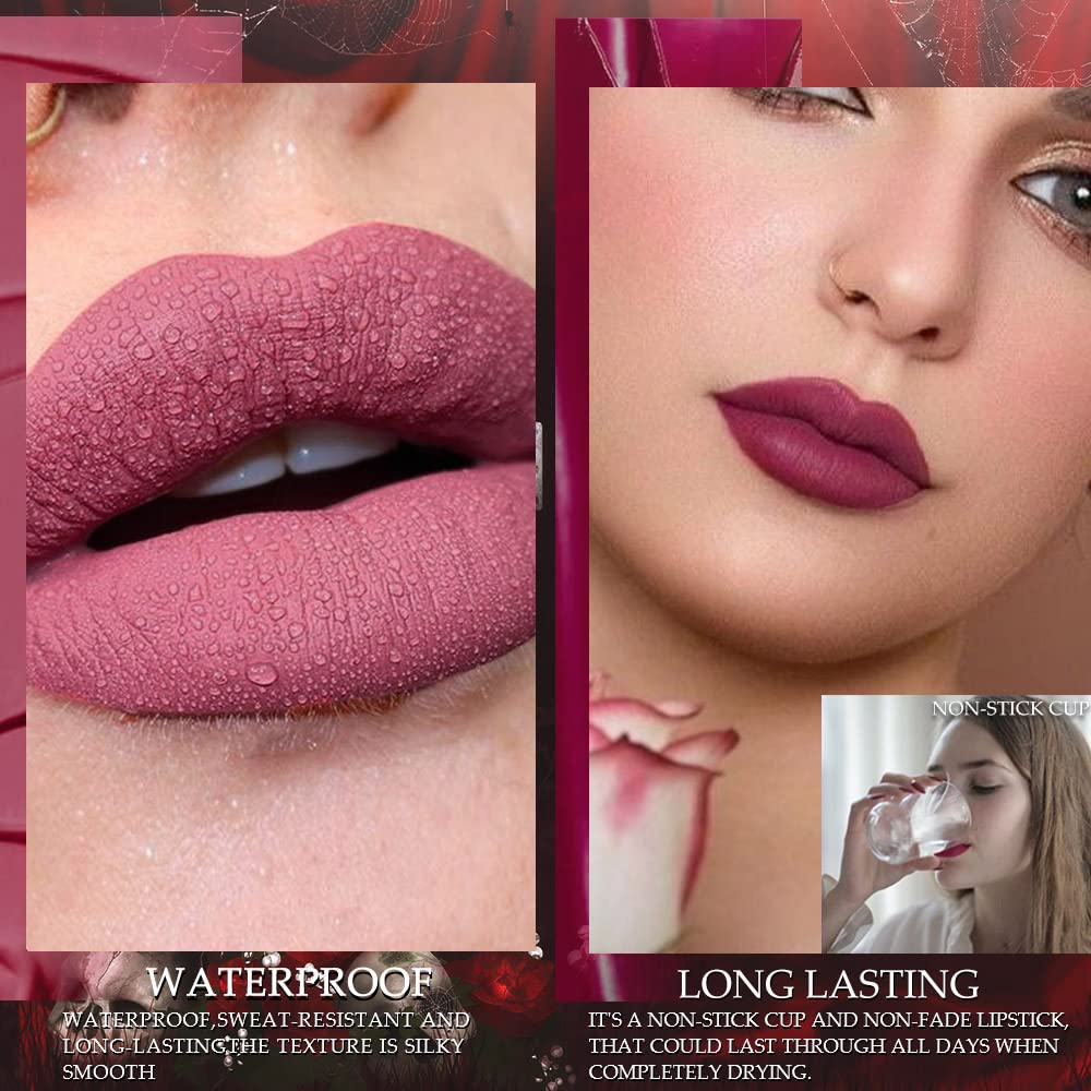 evpct 3Pcs Mauve Sandy pink Chestnut Dark Red Matte Liquid Lipstick Lip Gloss Stain Makeup Set for Women Skull Face 24 Hour Long Lasting Waterproof Lipstick Smudge Proof labial mate larga duracion 24