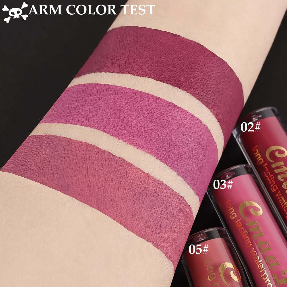 evpct 3Pcs Mauve Sandy pink Chestnut Dark Red Matte Liquid Lipstick Lip Gloss Stain Makeup Set for Women Skull Face 24 Hour Long Lasting Waterproof Lipstick Smudge Proof labial mate larga duracion 24