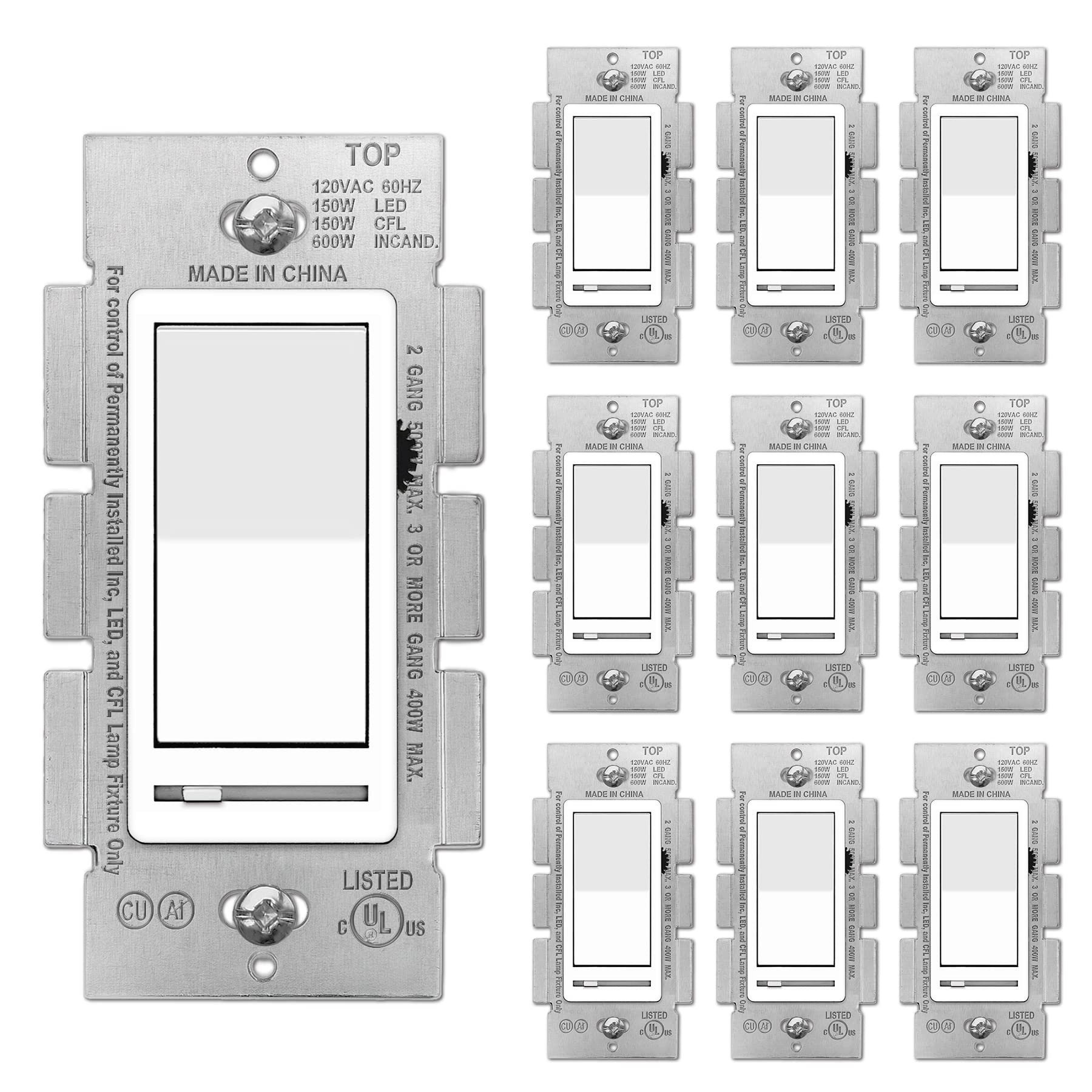 BESTTEN 10 Pack Dimmer Light Switch, Single Pole or 3-Way, LED Dimmer Switches, Compatible with Dimmable LED, CFL, Incandescent and Halogen Bulb, Neutral Wire Not Required, 120VAC