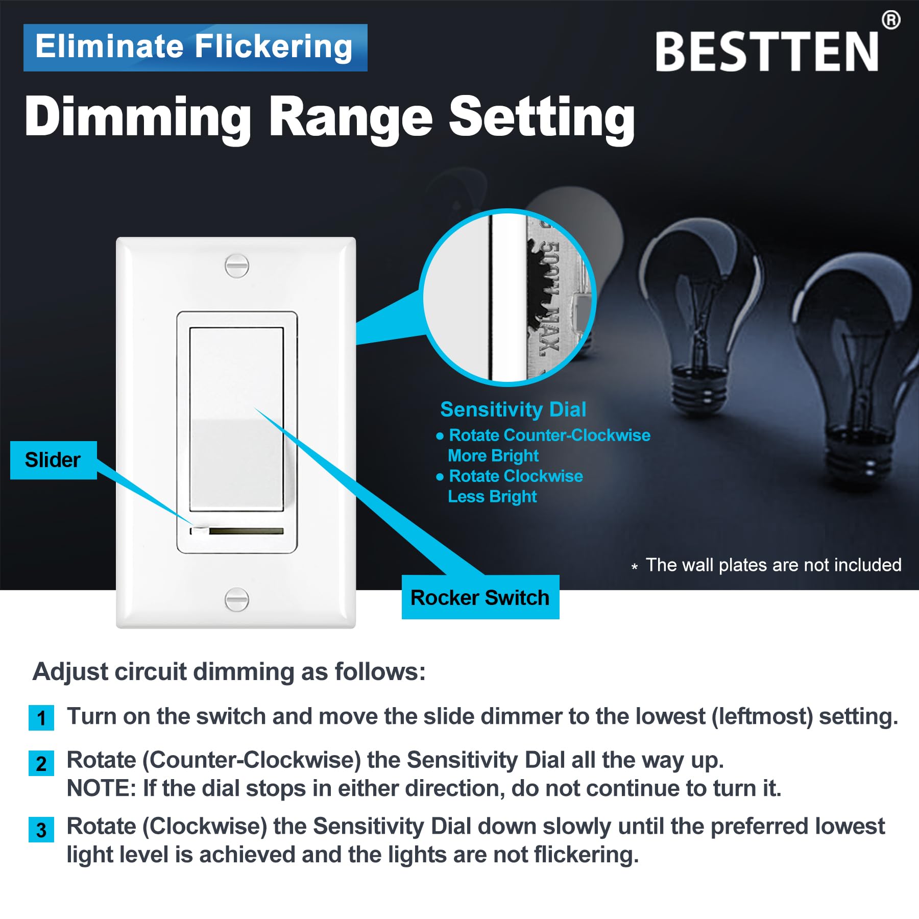 BESTTEN 10 Pack Dimmer Light Switch, Single Pole or 3-Way, LED Dimmer Switches, Compatible with Dimmable LED, CFL, Incandescent and Halogen Bulb, Neutral Wire Not Required, 120VAC