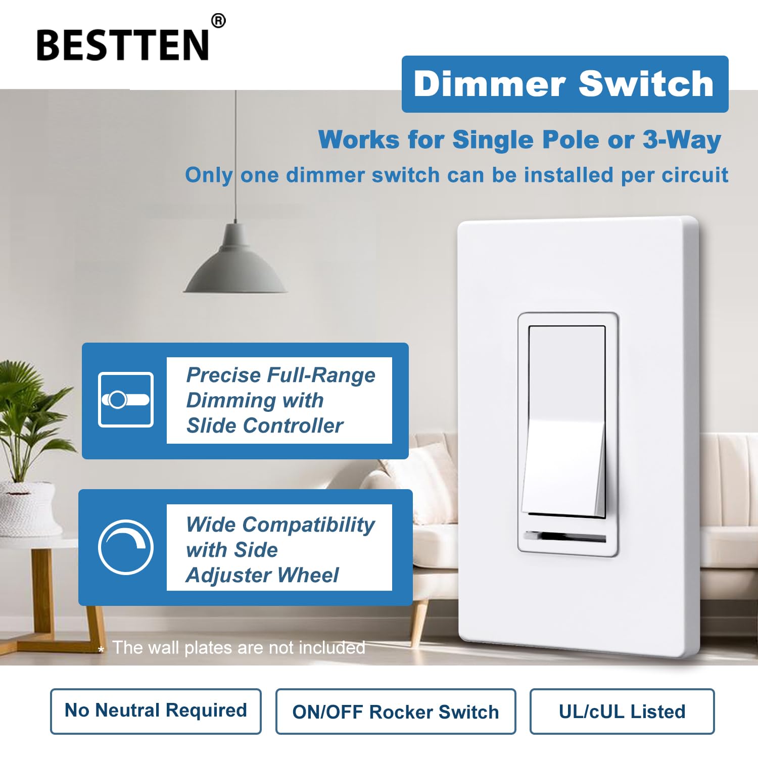 BESTTEN 10 Pack Dimmer Light Switch, Single Pole or 3-Way, LED Dimmer Switches, Compatible with Dimmable LED, CFL, Incandescent and Halogen Bulb, Neutral Wire Not Required, 120VAC