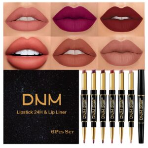 evpct 6Pcs Waterproof Lip Liner and with Lipstick Set Kit Last All Day DNM Chestnut Nude Dark Brown Matte Red 24 Hour long lasting 24 pen labiales mate 24 horas originales