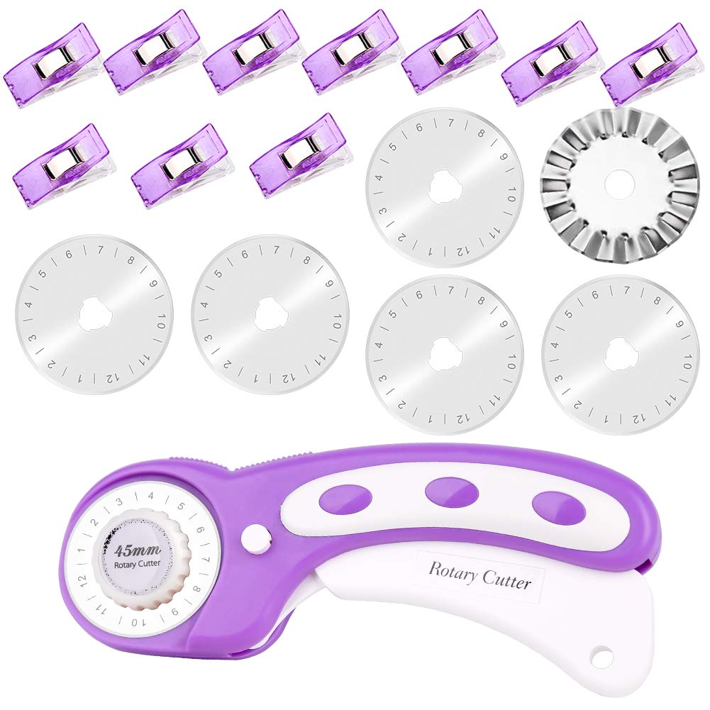 45mm Fabric Cutter Set, Rotary Cutter Tool Kit with 6 Replacement Rotary Blades, Quilting Rotary Cutter with Safety Lock Ergonomic Classic Comfort Loop for Crafting Sewing Quilting (Purple)