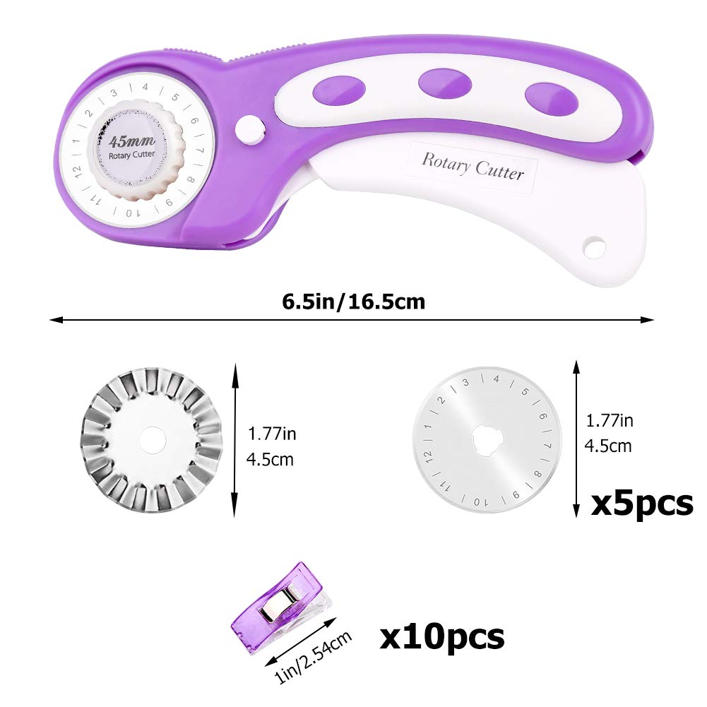 45mm Fabric Cutter Set, Rotary Cutter Tool Kit with 6 Replacement Rotary Blades, Quilting Rotary Cutter with Safety Lock Ergonomic Classic Comfort Loop for Crafting Sewing Quilting (Purple)