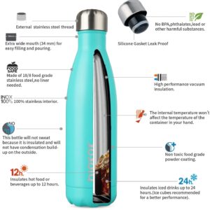 BJPKPK Insulated Water Bottles -17oz/500ml -Stainless Steel Water bottles, Sports water bottles Keep cold for 24 Hours and hot for 12 Hours,BPA Free water bottles, Turquoise