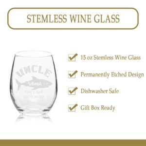 Veracco Uncle Shark Needs a Drink Stemless Wine Glass Funny Shark Gifts For Uncle Birthday Fathers Day (Clear, Glass)
