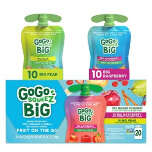 gogo squeez big variety pack, big pear & big raspberry, 4.2 oz. (pack of 20), unsweetened fruit snacks for kids, gluten free, nut free and dairy free, recloseable cap, bpa free pouches