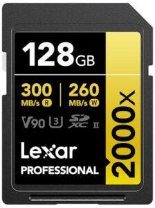lexar 128gb professional 2000x sdxc memory card, uhs-ii, c10, u3, v90, full-hd & 8k video, up to 300mb/s read, for dslr, cinema-quality video cameras (lsd2000128g-bnnnu)