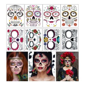 day of the dead face tattoos, 8 sheets sugar skull temporary face tattoos stickers for halloween party makeup