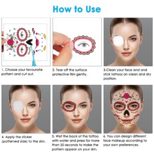 Day of the Dead Face Tattoos, 8 Sheets Sugar Skull Temporary Face Tattoos Stickers for Halloween Party Makeup