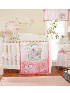 everyday kids precious moments noah’s ark 4 pc crib bedding for girls nursery set includes baby bed quilt, fitted sheet, dust ruffle and diaper stacker with sweet images of elephants and giraffes