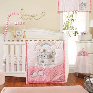 EVERYDAY KIDS Precious Moments Noah’s Ark 4 Pc Crib Bedding for Girls Nursery Set Includes Baby Bed Quilt, Fitted Sheet, Dust Ruffle and Diaper Stacker with Sweet Images of Elephants and Giraffes