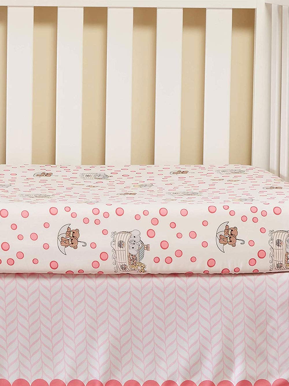 EVERYDAY KIDS Precious Moments Noah’s Ark 4 Pc Crib Bedding for Girls Nursery Set Includes Baby Bed Quilt, Fitted Sheet, Dust Ruffle and Diaper Stacker with Sweet Images of Elephants and Giraffes