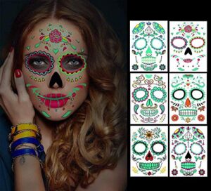 temporary face tattoos, 6 sheets day of the dead decorations glow in the dark,sugar skull stickers halloween makeup for men and women (face tattoos)