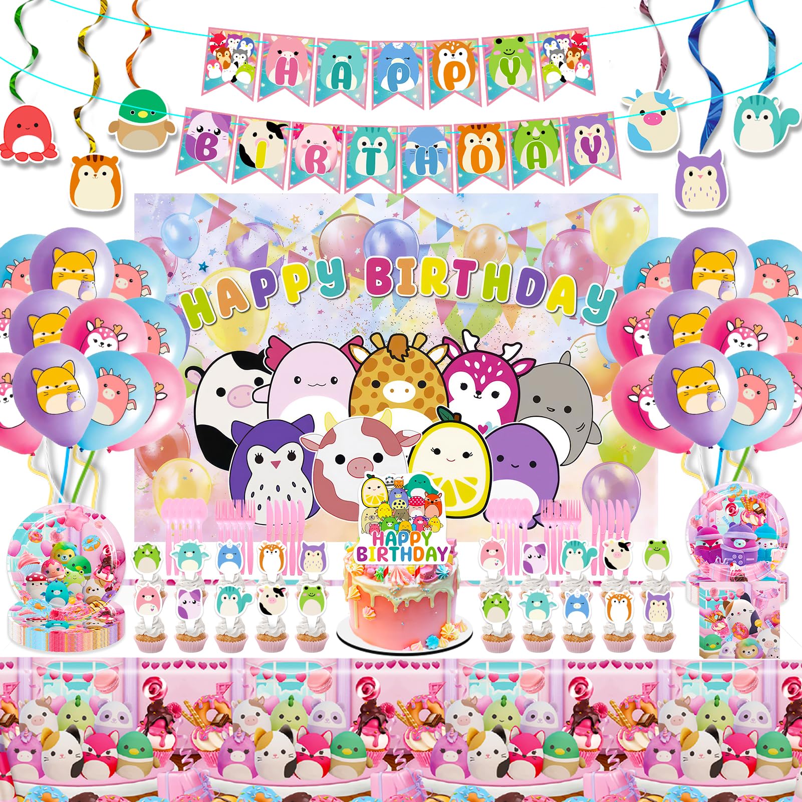 𝓢𝓺𝓾𝓲𝓼𝓱𝓶𝓪𝓵𝓵𝓸𝔀𝓼 Birthday Party Supplies - 151Pcs 𝓢𝓺𝓾𝓲𝓼𝓱𝓶𝓪𝓵𝓵𝓸𝔀𝓼 Birthday Decorations include Banner Tablecloth Backdrop Ballons Cupcake Cake Toppers Tableware Hanging Swirls