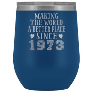 paw8888 making the world a better place 1973 51st birthday wine tumbler gifts for men women, stainless steel wine glass holiday xmas gift for him her - blue