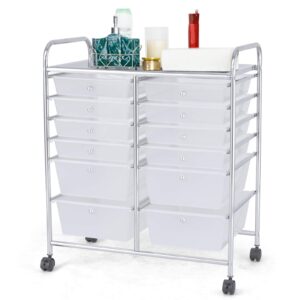 relax4life storage cart w/12 drawers rolling wheels semi-transparent multipurpose mobile rolling utility cart for school, office, home, beauty salon files arrangement storage organizer cart (clear)