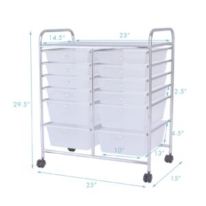 RELAX4LIFE Storage Cart W/12 Drawers Rolling Wheels Semi-Transparent Multipurpose Mobile Rolling Utility Cart for School, Office, Home, Beauty Salon Files Arrangement Storage Organizer Cart (Clear)