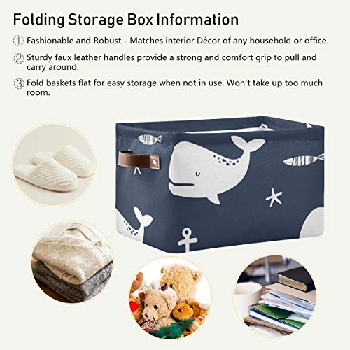 Sea Nautical Anchor Whale Storage Basket Collapsible Cloth Storage Cube Basket Bins Organizer with Handles Rectangular Large Toys Shelf Closet for Nursery Bedroom Home Office