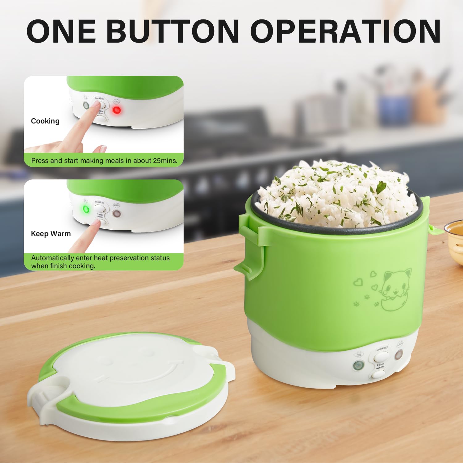 OSBA Mini Rice Cooker, 1L Travel Rice Cooker Small 12V For Car, Cooking For Soup Porridge and Rice, Cooking Heating and Keeping Warm Function(Green)