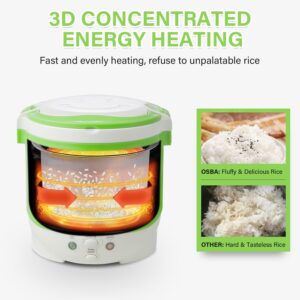 OSBA Mini Rice Cooker, 1L Travel Rice Cooker Small 12V For Car, Cooking For Soup Porridge and Rice, Cooking Heating and Keeping Warm Function(Green)