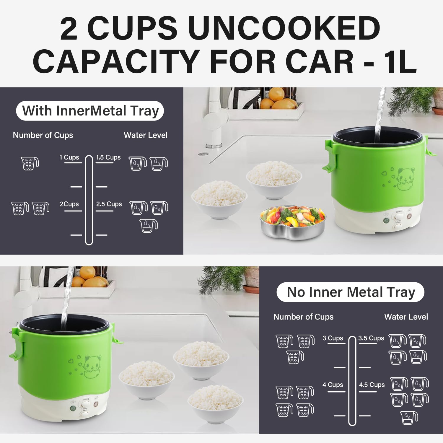 OSBA Mini Rice Cooker, 1L Travel Rice Cooker Small 12V For Car, Cooking For Soup Porridge and Rice, Cooking Heating and Keeping Warm Function(Green)