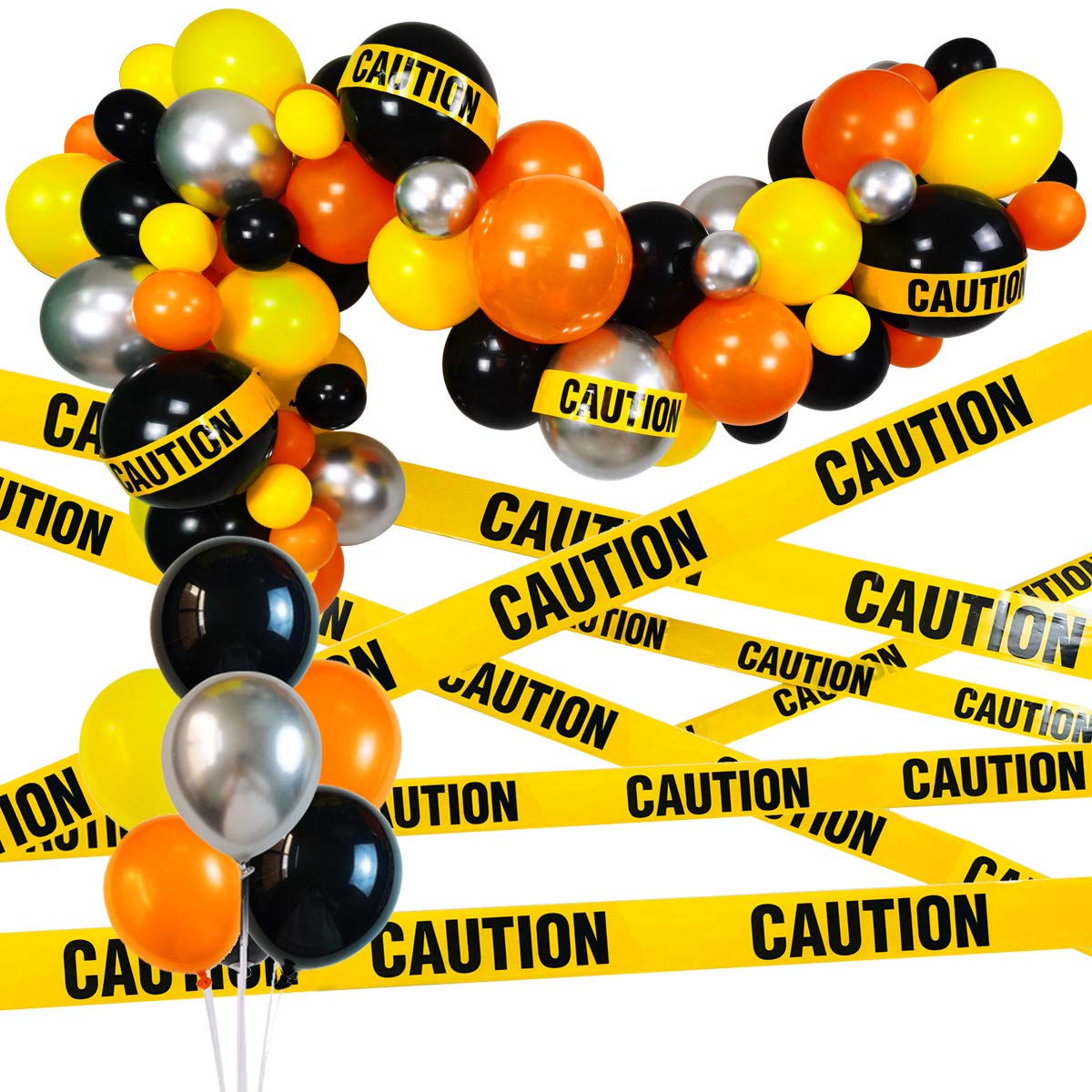 Quarantine Balloon Garland & Arch Kit, 74 Pack 12Inch 5Inch Black, Orange, Yellow, Silver Latex Balloons Strip Set with Caution Tape for Quarantine Birthday Party Decorations Construction