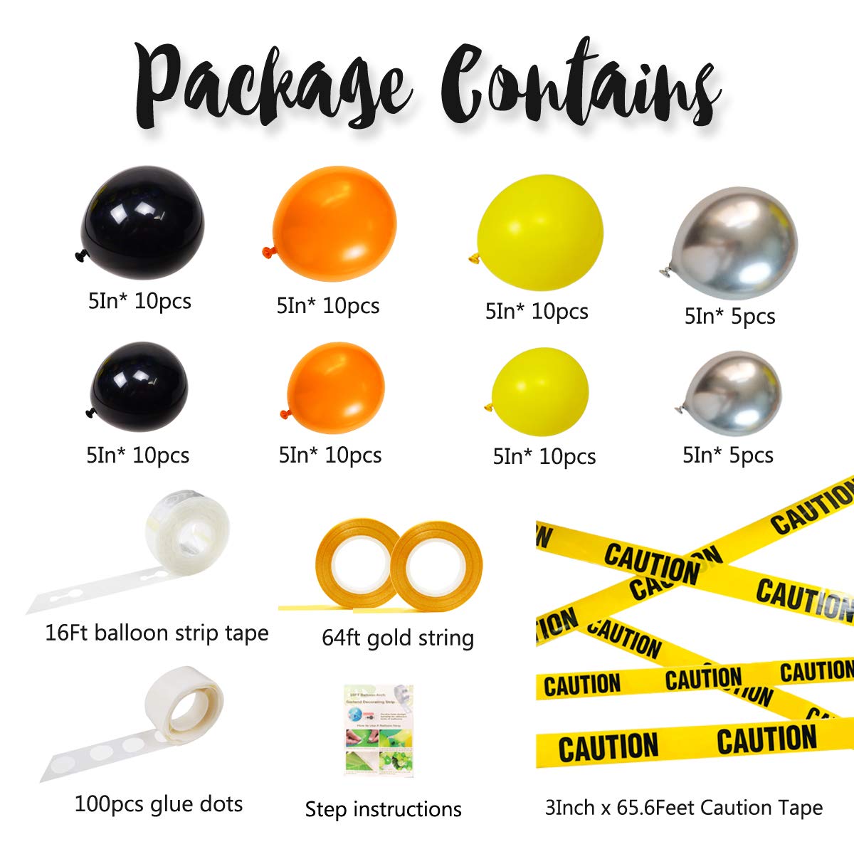 Quarantine Balloon Garland & Arch Kit, 74 Pack 12Inch 5Inch Black, Orange, Yellow, Silver Latex Balloons Strip Set with Caution Tape for Quarantine Birthday Party Decorations Construction