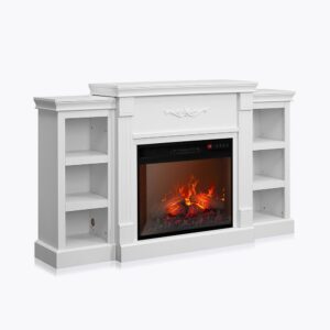 belleze modern 70" electric fireplace heater mantel tv stand & media entertainment center for tvs up to 68" with energy-efficient heater and side book shelves - lenore (white)