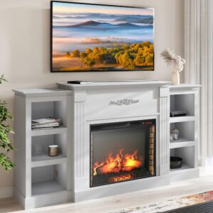 BELLEZE Modern 70" Electric Fireplace Heater Mantel TV Stand & Media Entertainment Center for TVs up to 68" with Energy-Efficient Heater and Side Book Shelves - Lenore (White)
