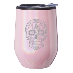 stemless wine tumbler coffee travel mug glass with lid sugar candy skull (pink iridescent glitter)