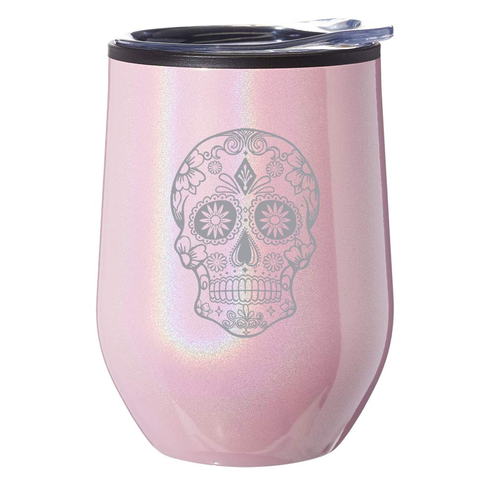 Stemless Wine Tumbler Coffee Travel Mug Glass With Lid Sugar Candy Skull (Pink Iridescent Glitter)