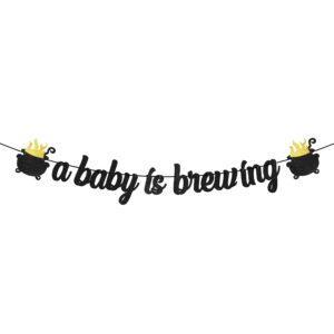 mallmall6 a baby is brewing banner sign halloween baby shower party favors black golden glittery paper flag photo props pre-strung hanging kit gender reveal party decoration for home room wall outdoor