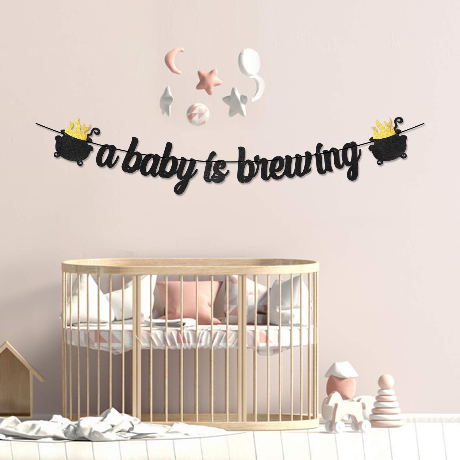 MALLMALL6 A Baby Is Brewing Banner Sign Halloween Baby Shower Party Favors Black Golden Glittery Paper Flag Photo Props Pre-Strung Hanging Kit Gender Reveal Party Decoration for Home Room Wall Outdoor