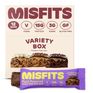 misfits vegan protein bar, variety pack, plant based chocolate high protein snacks with 15g per bar, low sugar, low carb, gluten free, dairy free, high fiber, non gmo, 4 flavor 12 pack