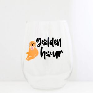 Drinking Divas Golden Retriever Golden Hour Stemless Wine Glass Fun Gifts for Women, Mom, Best Friend, Sister, Girlfriend, Wife, Cute Dog Lovers - Adorable Mother's Day or Birthday Present