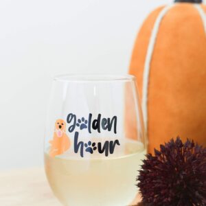 Drinking Divas Golden Retriever Golden Hour Stemless Wine Glass Fun Gifts for Women, Mom, Best Friend, Sister, Girlfriend, Wife, Cute Dog Lovers - Adorable Mother's Day or Birthday Present