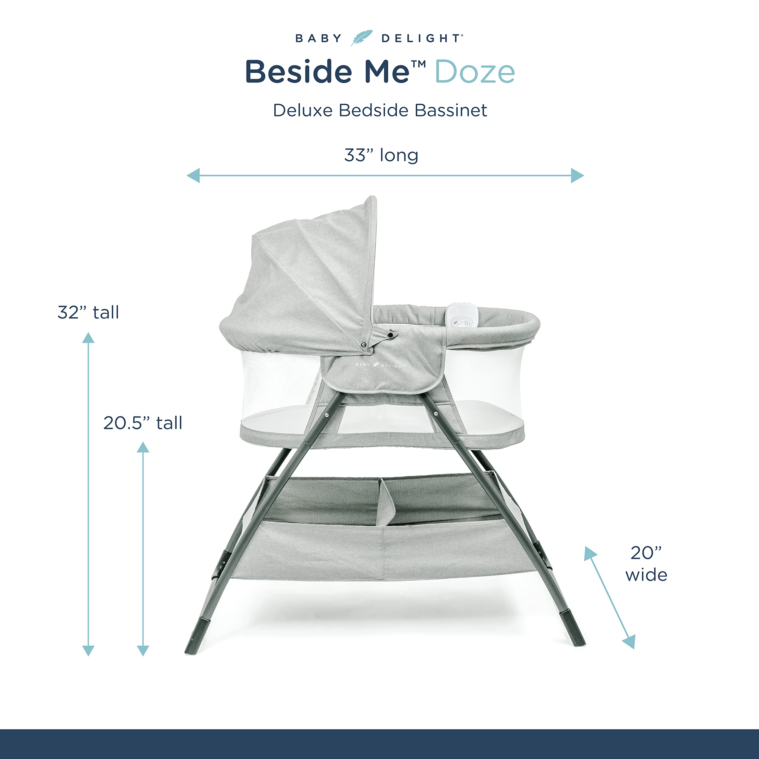 Baby Delight Beside Me Doze Deluxe Baby Bassinet, Bedside Sleeper, Foldable, Removeable Canopy, Pebble Grey