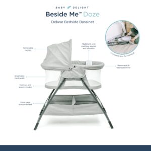 Baby Delight Beside Me Doze Deluxe Baby Bassinet, Bedside Sleeper, Foldable, Removeable Canopy, Pebble Grey