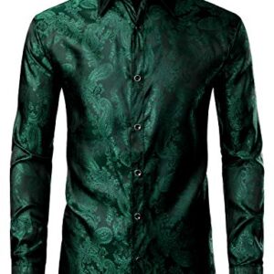 ZEROYAA Men's Paisley Jacquard Slim Fit Long Sleeve Button Up Dress Shirt for Party Prom ZLCL28-Emerald Small