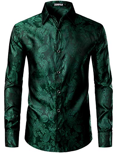 ZEROYAA Men's Paisley Jacquard Slim Fit Long Sleeve Button Up Dress Shirt for Party Prom ZLCL28-Emerald Small