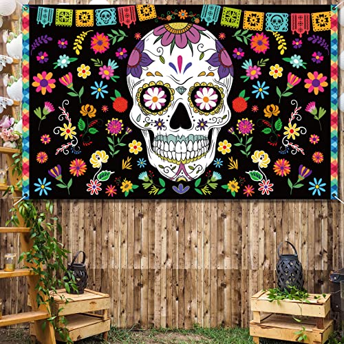 Day of The Dead Backdrop for Mexican Fiesta Sugar Skull Flowers Background Dia DE Los Muertos Birthday Halloween Party Supplies Fiesta Banner Party Decoration Photo Booth Studio (Skull)