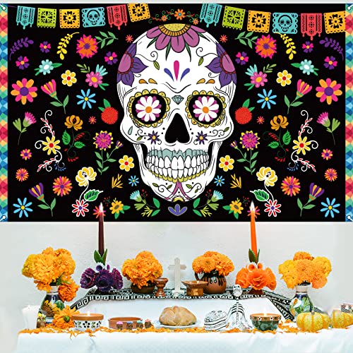 Day of The Dead Backdrop for Mexican Fiesta Sugar Skull Flowers Background Dia DE Los Muertos Birthday Halloween Party Supplies Fiesta Banner Party Decoration Photo Booth Studio (Skull)