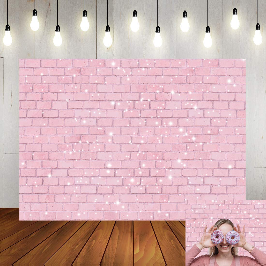 Retro Pink Glitter Brick Wall Photography Backdrop 5x3ft Girl Happy Birthday Party Photo Background Baby Shower Bridal Shower Wedding Newborn Banner Cake Table Decorations Photo Booth Props