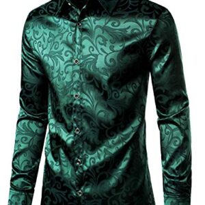 ZEROYAA Men's Luxury Jacquard Long Sleeve Dress Shirt Shiny Satin Slik Like Wedding Party Prom Shirts ZLCL27-Emerald Large