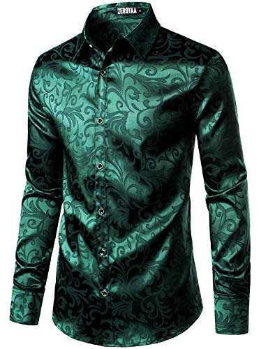 ZEROYAA Men's Luxury Jacquard Long Sleeve Dress Shirt Shiny Satin Slik Like Wedding Party Prom Shirts ZLCL27-Emerald Large