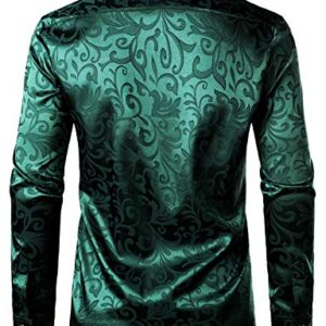 ZEROYAA Men's Luxury Jacquard Long Sleeve Dress Shirt Shiny Satin Slik Like Wedding Party Prom Shirts ZLCL27-Emerald Large