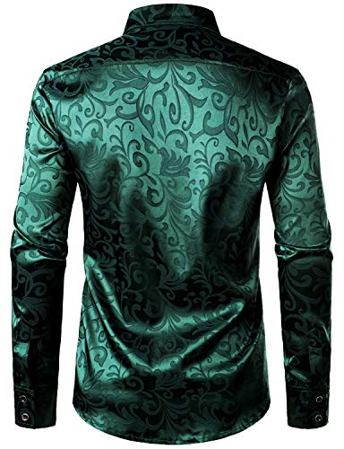ZEROYAA Men's Luxury Jacquard Long Sleeve Dress Shirt Shiny Satin Slik Like Wedding Party Prom Shirts ZLCL27-Emerald Large