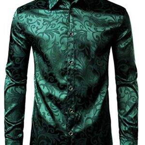 ZEROYAA Men's Luxury Jacquard Long Sleeve Dress Shirt Shiny Satin Slik Like Wedding Party Prom Shirts ZLCL27-Emerald Large