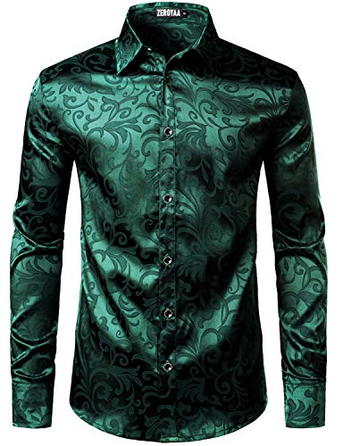 ZEROYAA Men's Luxury Jacquard Long Sleeve Dress Shirt Shiny Satin Slik Like Wedding Party Prom Shirts ZLCL27-Emerald Large